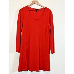 Eileen Fisher Women Large‎ Orange 100% Merino Wool Italian V-Neck Long Sweater